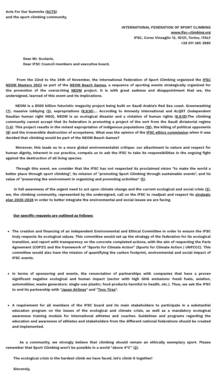 Lettre ouverte ACTS IFSC