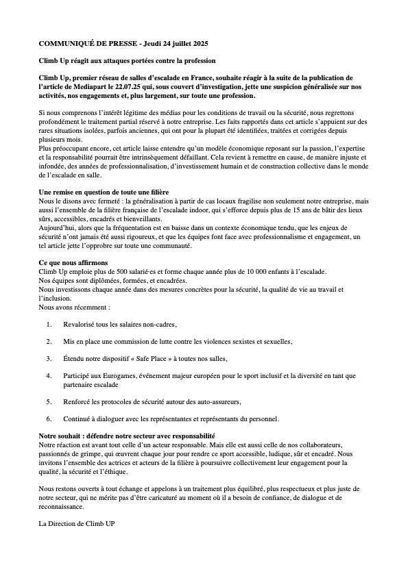 Le communiqué de presse de la direction de Climb Up daté du 24/07/2025